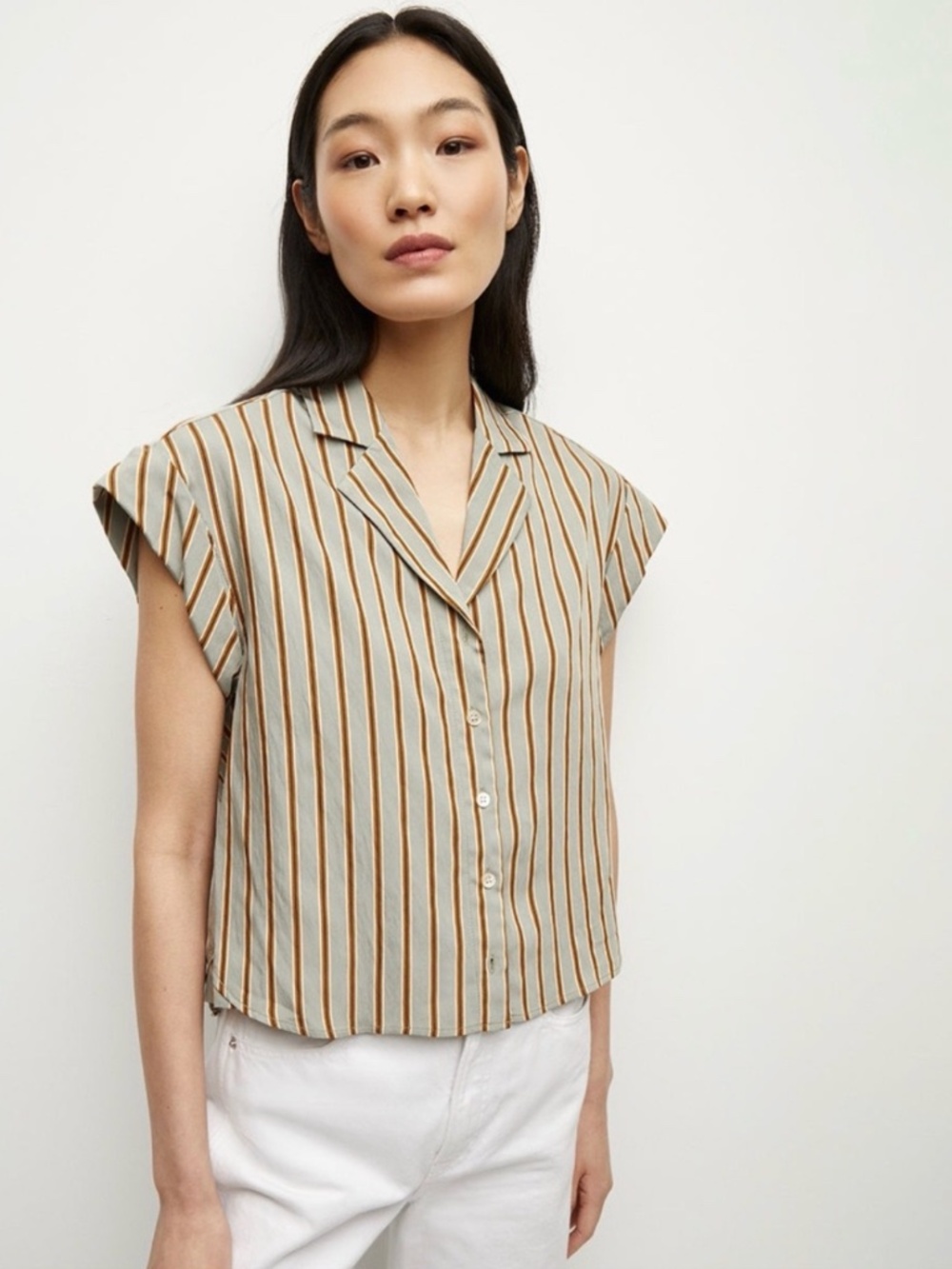 Veronica Beard Kasa Button Down Shirt Top Short Sleeve Stripe Green